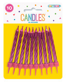 10 Metallic Candles In Holders - Hot Pink