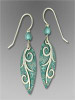 Dusty Aqua Leaf Shape Earrings with Imitation Rhodium Tendrils Overlay.