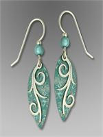 Dusty Aqua Leaf Shape Earrings with Imitation Rhodium Tendrils Overlay.