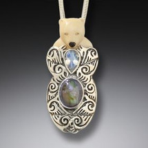 Fossilized Ivory Bear with Moonstone and Labradorite Necklace (3572)