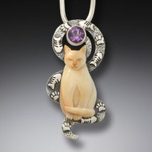 Fossilized Ivory Cat Pendant with Amethyst (3638)