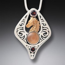 Fossilized Ivory Dragon Pendant with Garnet (3649)