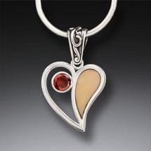 Fossilized Ivory Heart Necklace with Garnet (3644)