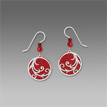 Bright Red Disc Earrings with Imitation Rhodium Tendrils Overlay
