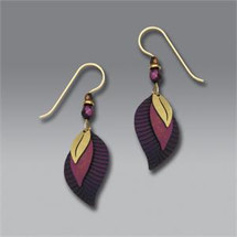 Three-Part Wine and Plum Leaf Shaped Earrings with Brass Leaf