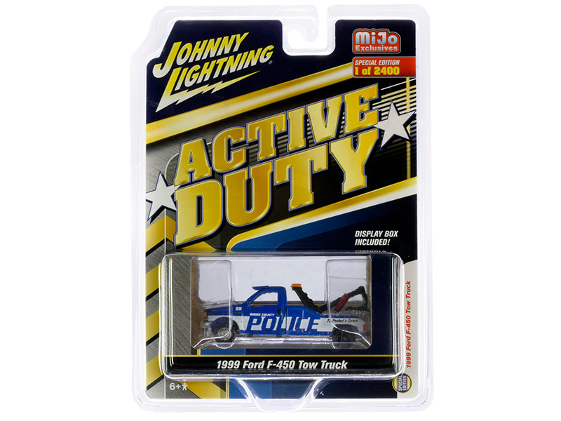 1999 Ford F-450 Police Tow Truck Blue White Stripes Active Duty Limited Edition 2400 pieces Worldwide 1/64 Diecast Model Johnny Lightning JLCP7255