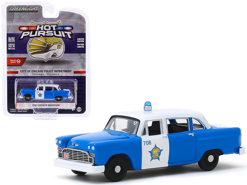 1961 Checker Marathon Blue White City of Chicago Police Department Chicago Illinois Hot Pursuit Series 34 1/64 Diecast Model Car Greenlight 42910 B