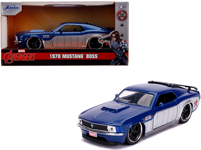 1970 Ford Mustang Boss Blue Metallic Silver Winter Soldier Avengers Marvel Series 1/32 Diecast Model Car Jada 31745