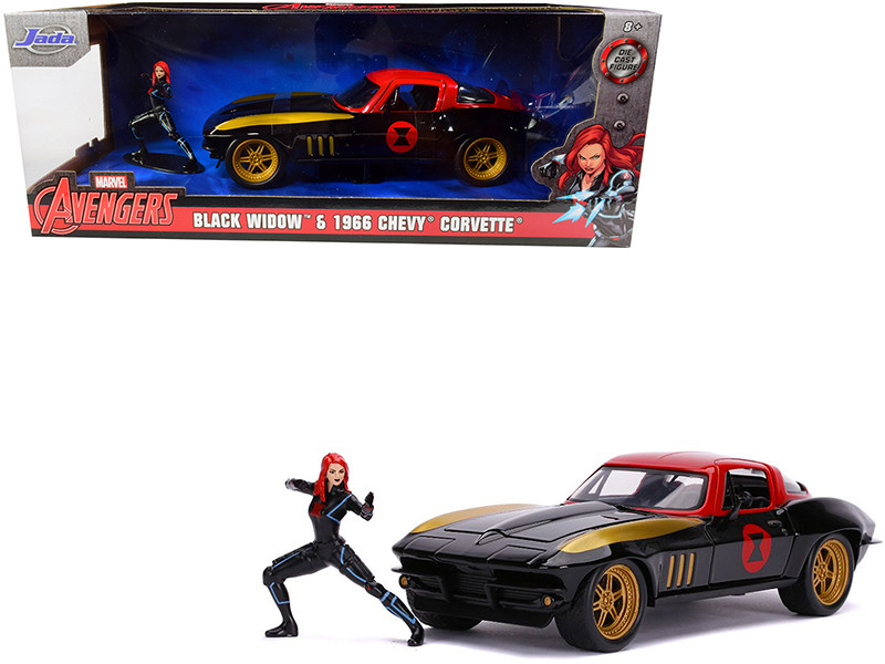1966 Chevrolet Corvette Black Widow Diecast Figurine Avengers Marvel Series 1/24 Diecast Model Car Jada 31749