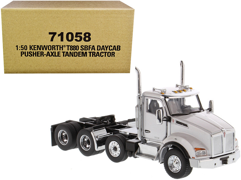 Kenworth T880 SBFA Day Cab Pusher-Axle Tandem Truck Tractor White Metallic 1/50 Diecast Model Diecast Masters 71058