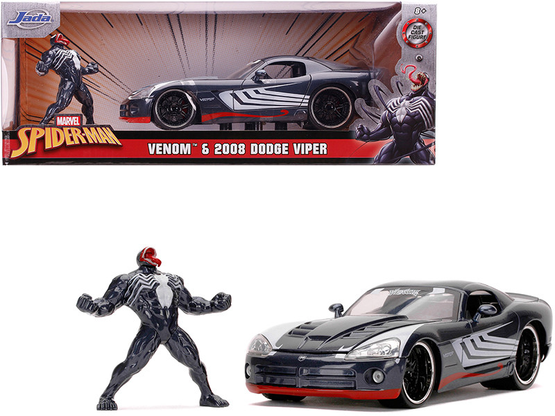 2008 Dodge Viper SRT10 Dark Gray Venom Diecast Figurine Spider Man Marvel Series 1/24 Diecast Model Car Jada 31750