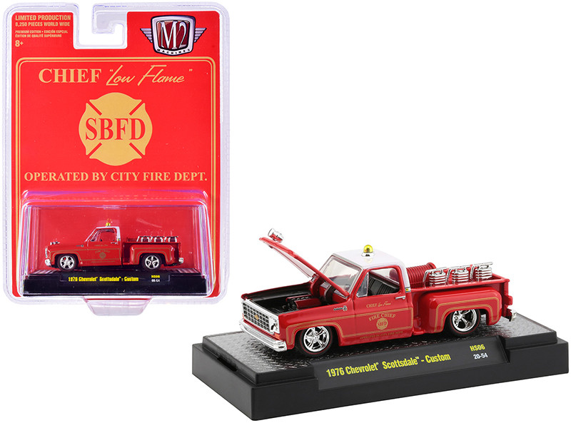 1976 Chevrolet Scottsdale Custom Square Body Fire Truck Red Fire Chief Low Flame SBFD Operated City Fire Department Limited Edition 8250 pieces Worldwide 1/64 Diecast Model Car M2 Machines 31500-HS06