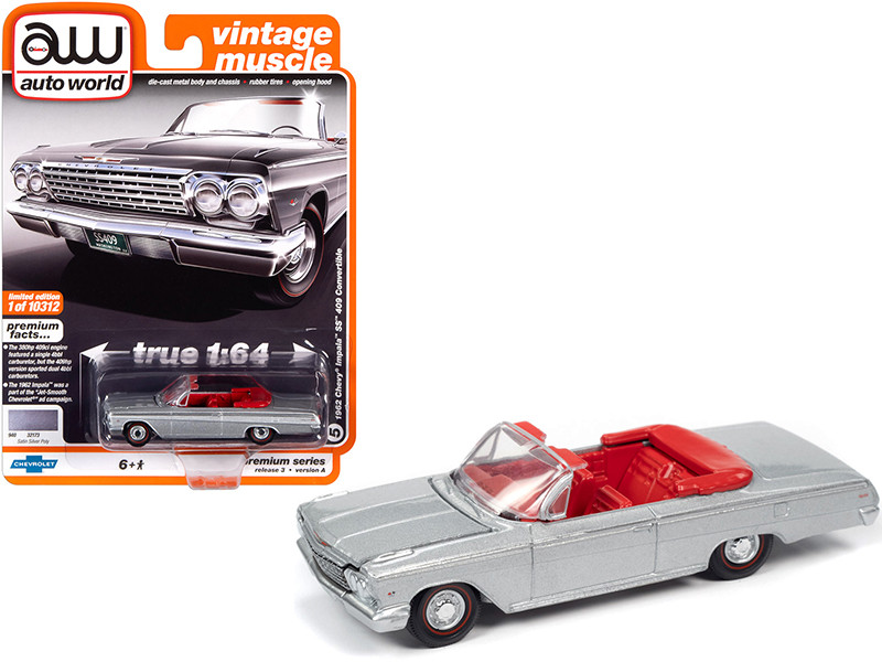 1962 Chevrolet Impala SS 409 Convertible Satin Silver Metallic Red Interior Vintage Muscle Limited Edition 10312 pieces Worldwide 1/64 Diecast Model Car Autoworld 64262 AWSP045 A