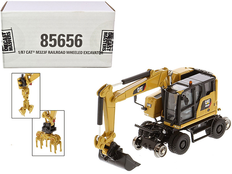 CAT Caterpillar M323F Railroad Wheeled Excavator 3 Accessories CAT Yellow Version High Line Series 1/87 HO Scale Diecast Model Diecast Masters 85656