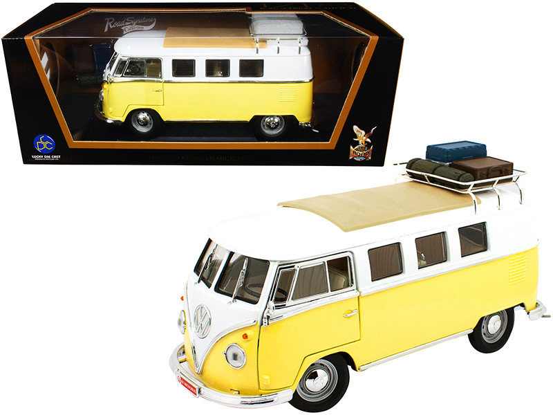 1962 Volkswagen Microbus with Roof Rack and Luggage Yellow and White 1/18 Diecast Model by Road Signature