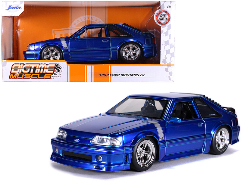 1989 Ford Mustang GT 5.0 Candy Blue Silver Stripes Bigtime Muscle 1/24 Diecast Model Car Jada 31863