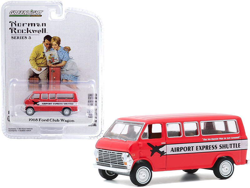1968 Ford Club Wagon Airport Express Shuttle Red White Stripe Norman Rockwell Series 3 1/64 Diecast Model Car Greenlight 54040 D