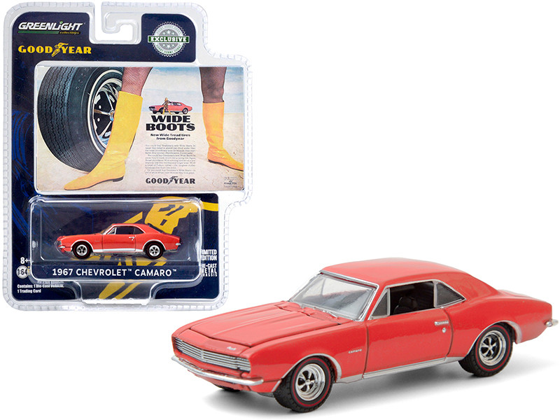 1967 Chevrolet Camaro Orange Wide Boots New Wide Tread Tires from Goodyear Goodyear Vintage Ad Cars Hobby Exclusive 1/64 Diecast Model Car Greenlight 30195