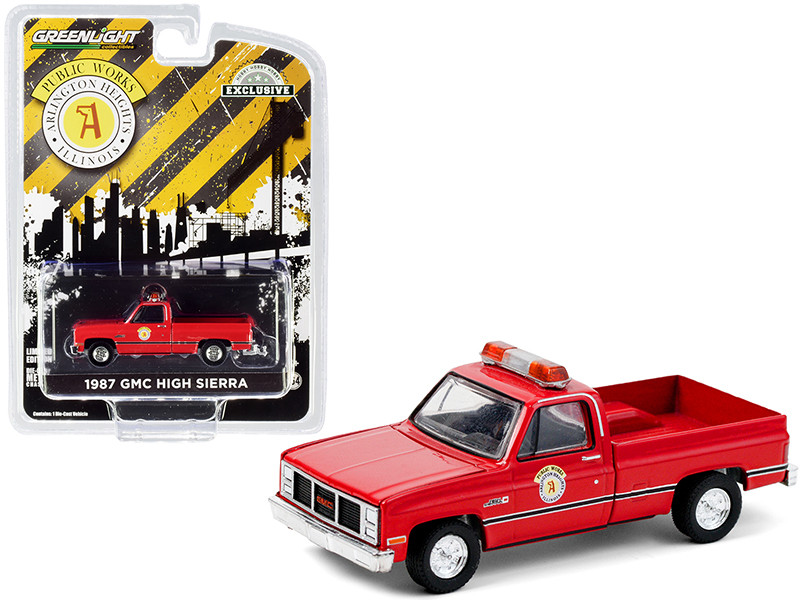 1987 GMC High Sierra Pickup Truck Red Public Works Arlington Heights Illinois Hobby Exclusive 1/64 Diecast Model Car Greenlight 30213