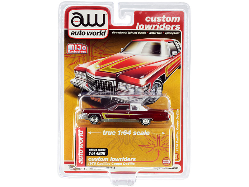 1976 Cadillac Coupe DeVille Burgundy White Chrome Wheels Custom Lowriders Limited Edition 4800 pieces Worldwide 1/64 Diecast Model Car Auto World CP7661