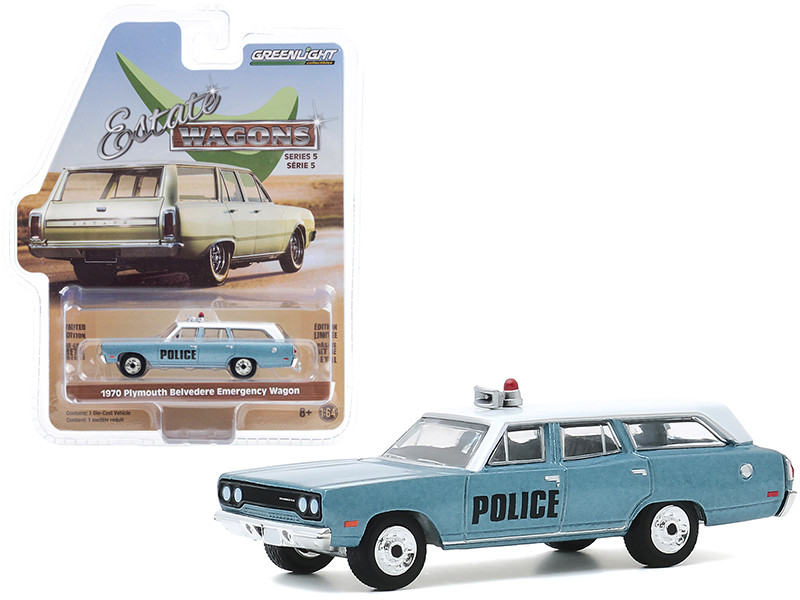 1970 Plymouth Belvedere Emergency Wagon Police Pursuit Blue White Top Estate Wagons Series 5 1/64 Diecast Model Car Greenlight 29990 C