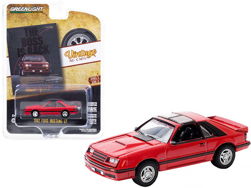 1982 Ford Mustang GT Red Black Stripes The Boss is Back Vintage Ad Cars Series 3 1/64 Diecast Model Car Greenlight 39050 E