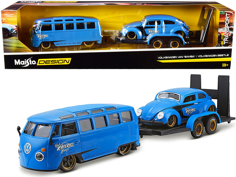 Diecast Model Cars wholesale toys dropshipper drop shipping Volkswagen Van  Samba Volkswagen Beetle Flatbed Trailer Blue Kool Kafers Set of 3 pieces  Elite Transport Series 1/24 Maisto 32752 drop shipping wholesale drop