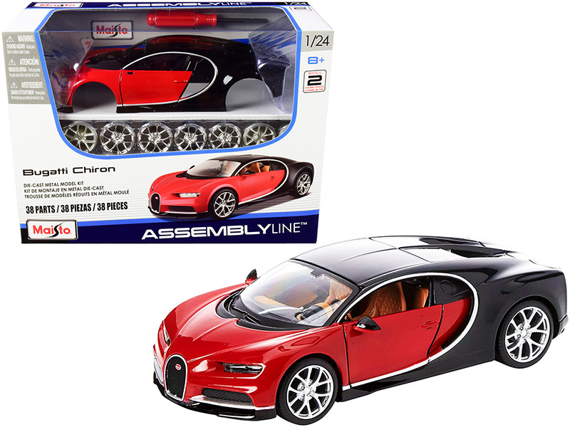 Model Kit Bugatti Chiron Red Black Skill 2 Assembly Line 1/24 Diecast Model Car Maisto 39514
