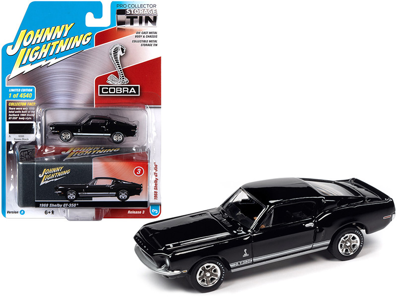 1968 Ford Mustang Shelby GT-350 Raven Black White Stripes Collector Tin Limited Edition 4540 pieces Worldwide 1/64 Diecast Model Car Johnny Lightning JLCT005 JLSP109 A