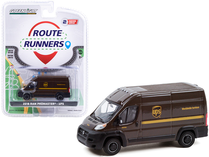 2018 Ram ProMaster 2500 Cargo High Roof Van Brown United Parcel Service UPS Worldwide Services Route Runners Series 2 1/64 Diecast Model Greenlight 53020 D