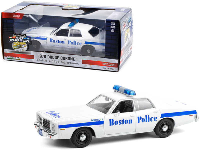 1976 Dodge Coronet White Blue Stripes Boston Police Department Massachusetts Hot Pursuit Series 1/24 Diecast Model Car Greenlight 85521