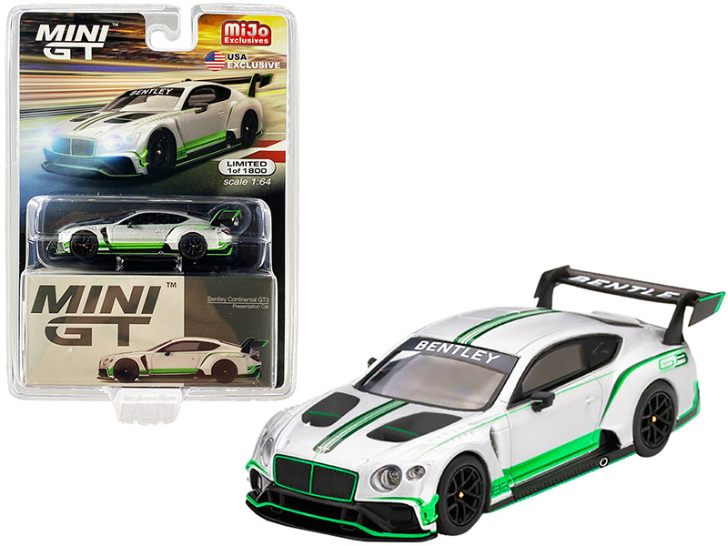 Bentley Continental GT3 RHD Right Hand Drive Presentation Car 2018 Silver Green Stripes Limited Edition 1800 pieces Worldwide 1/64 Diecast Model Car True Scale Miniatures MGT00176