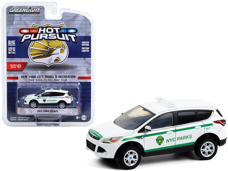 2013 Ford Escape White Green Stripes NYC Parks New York City Department of Parks & Recreation Hot Pursuit Series 37 1/64 Diecast Model Car Greenlight 42950 D