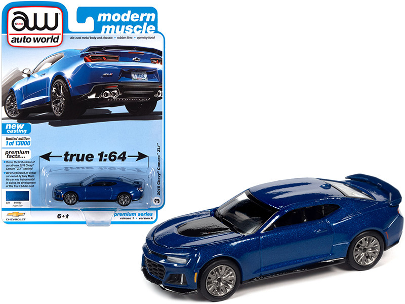 2018 Chevrolet Camaro ZL1 Hyper Blue Metallic Modern Muscle Limited Edition 13000 pieces Worldwide 1/64 Diecast Model Car Auto World 64302 AWSP059 A