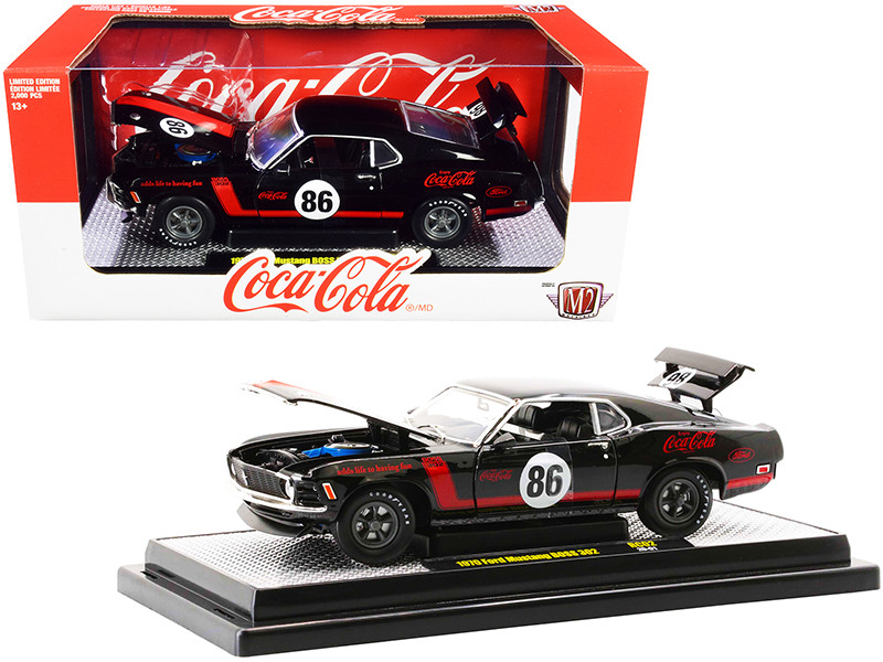 1970 Ford Mustang BOSS 302 #86 Black Coke Red Stripes Coca-Cola Limited Edition 2000 pieces Worldwide 1/24 Diecast Model Car M2 Machines 50300-RC02