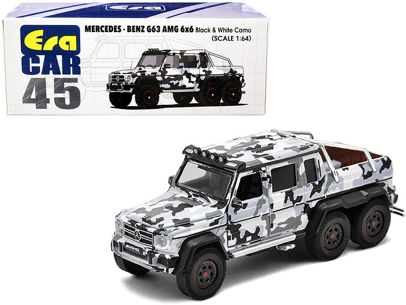 Mercedes Benz G63 AMG 6x6 Pickup Truck Spotlight Black White Camo 1/64 Diecast Model Car Era Car MB206X6RN45