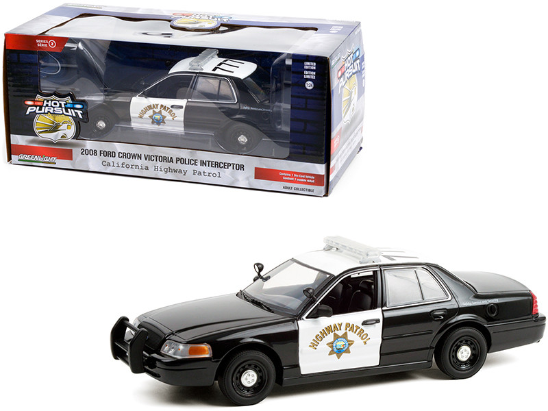 2008 Ford Crown Victoria Police Interceptor Black White CHP California Highway Patrol Hot Pursuit Series 1/24 Diecast Model Car Greenlight 85523