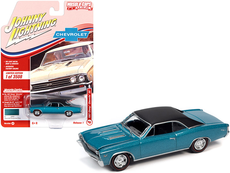 1967 Chevrolet Chevelle SS Emerald Turquoise Metallic Flat Black Top Limited Edition 3508 pieces Worldwide Muscle Cars USA Series 1/64 Diecast Model Car Johnny Lightning JLMC025 JLSP138 A