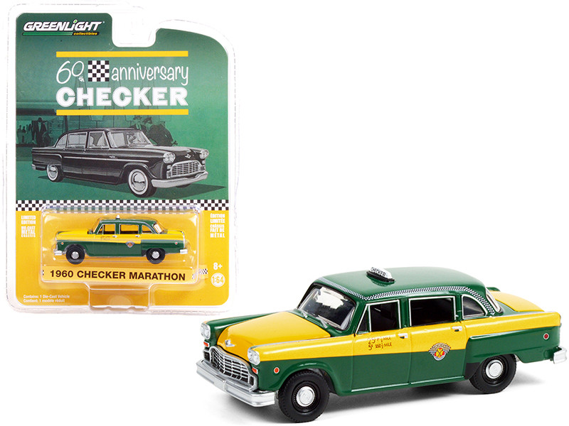 1960 Checker Marathon Taxi Green Yellow Checker 60th Anniversary Anniversary Collection Series 12 1/64 Diecast Model Car Greenlight 28060 C