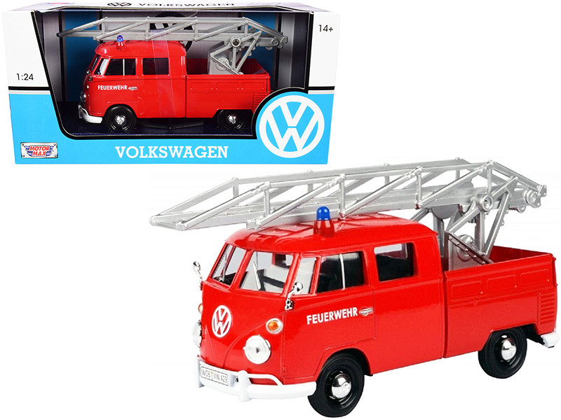 Volkswagen Type 2 T1 Fire Truck Aerial Ladder Feuerwehr Red 1/24 Diecast Model Car Motormax 79584