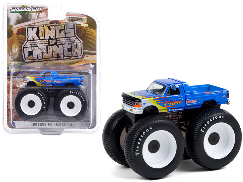 1996 Ford F-250 Monster Truck Bigfoot #7 Blue Flames Bigfoot at Race Rock Kings of Crunch Series 9 1/64 Diecast Model Car Greenlight 49090 A