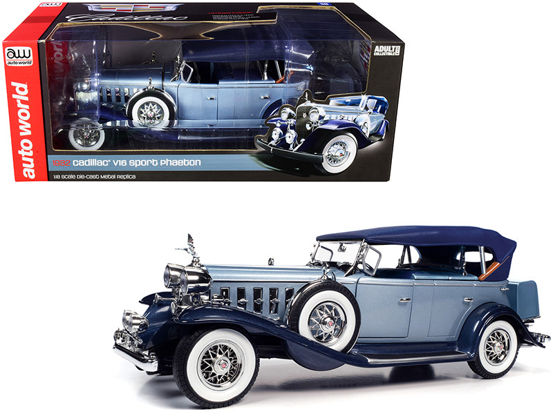 Autoworld 1932 Cadillac V16 Sports Phaeton Metallic Light Silver Blue and Enamel Dark Blue 1/18 Diecast Model Car by Autoworld