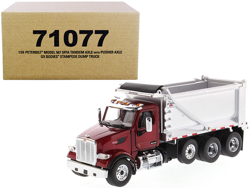 Peterbilt 567 SFFA Tandem Axle Pusher Axle OX Stampede Dump Truck Red and Chrome Transport Series 1/50 Diecast Model Diecast Masters 71077