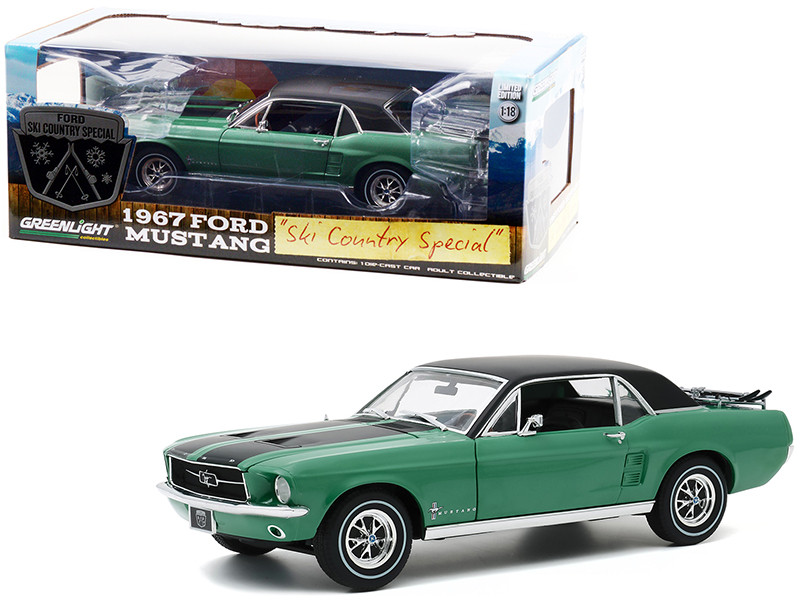 1967 Ford Mustang Coupe Loveland Green Metallic Black Stripes Black Top Pair of Skis Ski Country Special 1/18 Diecast Model Car Greenlight 13575