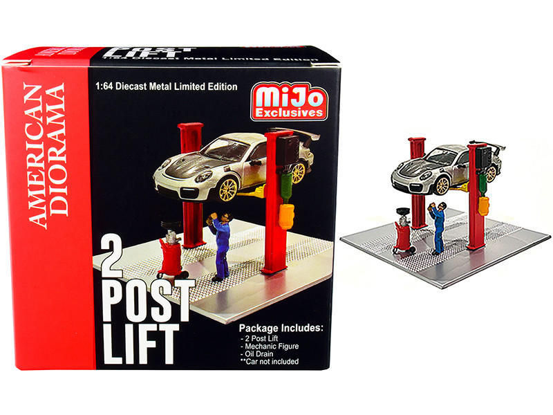 Two Post Lift (Red) with Mechanic Figurine and Oil Drainer Diorama Set for 1/64 Scale Models by American Diorama