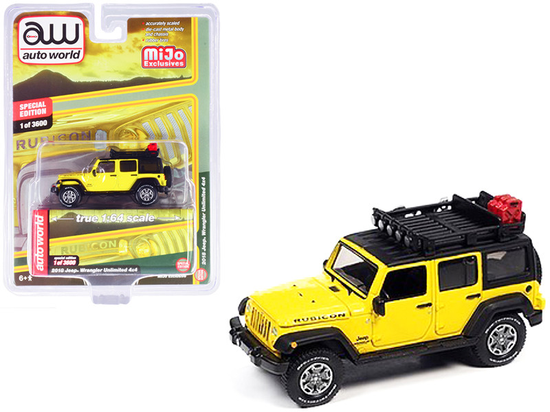 2018 Jeep Wrangler Rubicon Unlimited 4x4 Yellow Black Roof Rack Limited Edition 3600 pieces Worldwide 1/64 Diecast Model Car Autoworld CP7752