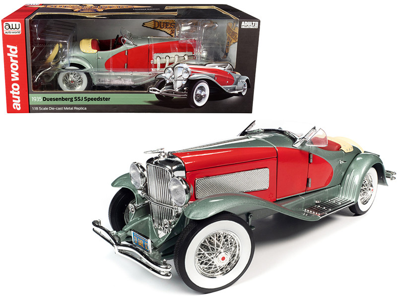 1935 Duesenberg SSJ Speedster Green Metallic Enamel Red Coves 1/18 Diecast Model Car Autoworld AW279