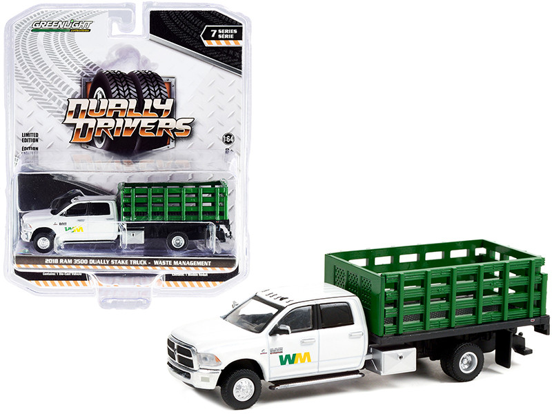 2018 RAM 3500 Dually Stake Truck Waste Management White Green Dually Drivers Series 7 1/64 Diecast Model Car Greenlight 46070 E