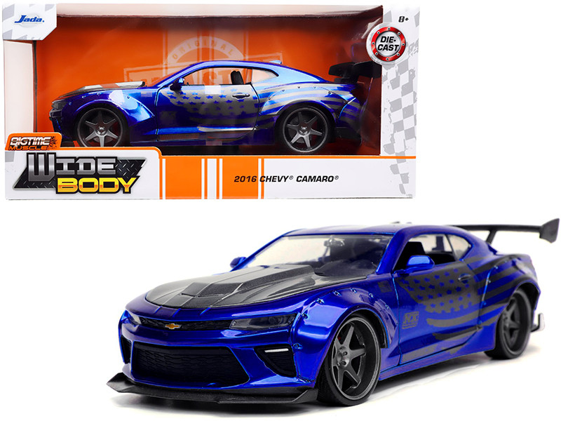 2016 Chevrolet Camaro Widebody Candy Blue Gray Metallic Hood American Flag Graphics Bigtime Muscle Series 1/24 Diecast Model Car Jada 32993