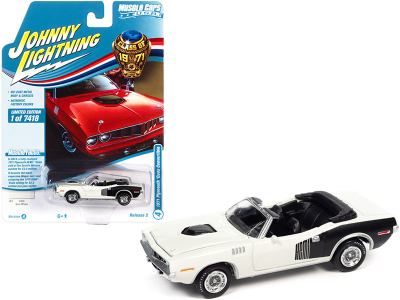 1971 Plymouth Barracuda Convertible Sno White Black Hemi Side Billboards Class of 1971 Limited Edition 7418 pieces Worldwide Muscle Cars USA Series 1/64 Diecast Model Car Johnny Lightning JLMC026 JLSP153 A